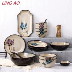 LingAo-Japanese Ceramic Creative hand-painted underglaze Color Plate, Rice Bowl