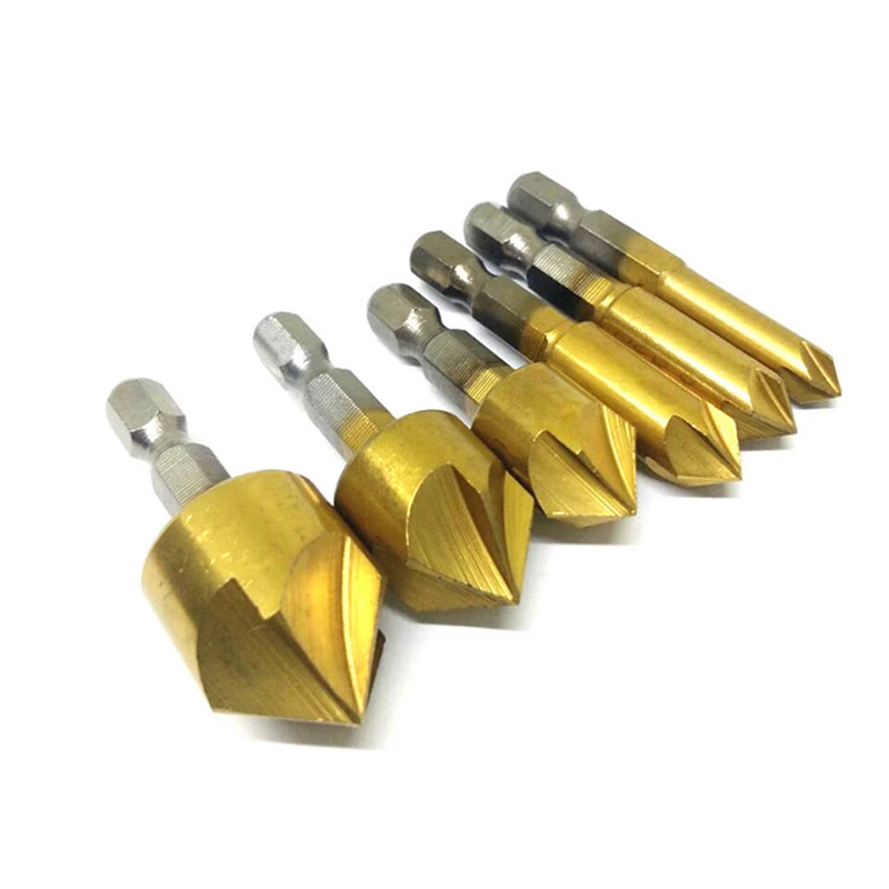Conjunto de brocas de chanfro 6 peças hss, rebaixo, 1/4 "hex shank 90 ° cortador de madeira 6mm a 19mm