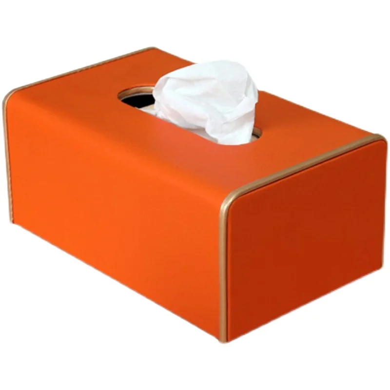 Luxury Style Orange Leather Multi-Function Desktop Tissue Storage Box