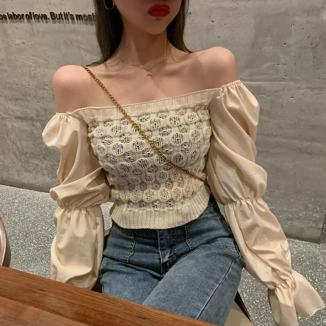 Women Slash Neck Cropped Sweater Pullover Crop Top Patchwork Chiffon Flare Sleeve Sweater For Female