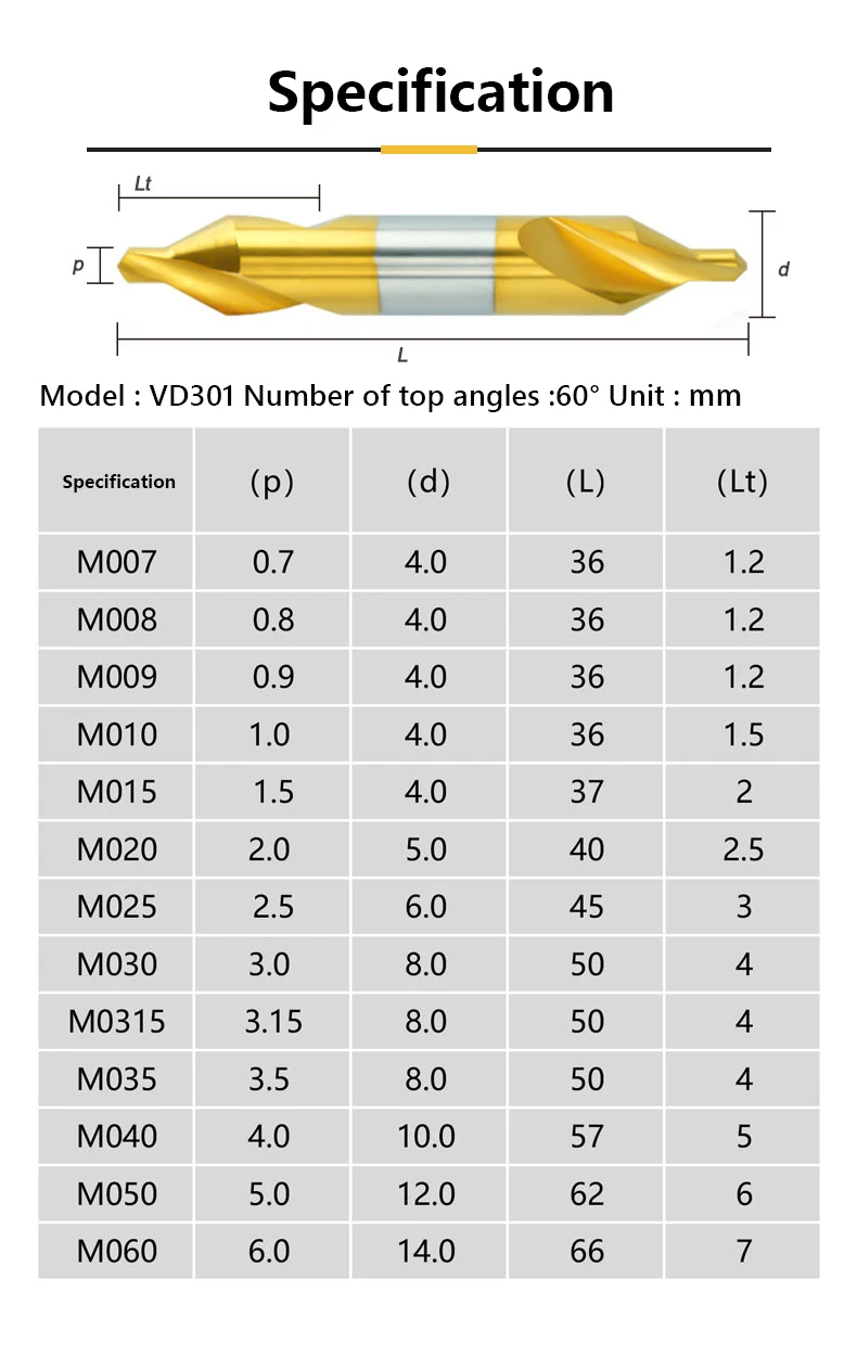 QIYE Coated Center Drill Bit 1.0-5.0mm TiN HSS Metalworking Hole Drill 60 Degrees Combined Drill Bit Solid Carbide spot drills