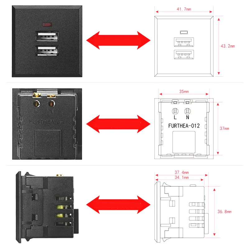 Black/White  5V 2.1A Card-type dual USB power socket embedded USB desktop socket DC charging power socket module