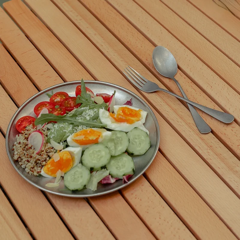 Retro Style Stainless Steel Frosted Matte Round Steak Pasta Dessert Plate Japanese Western Tableware Dinnerware Set Plates