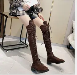 Stivali alti alla coscia da donna moda stringate inverno autunno pelle scamosciata tacchi alti stringate stivali sopra il ginocchio femminili scarpe taglie forti