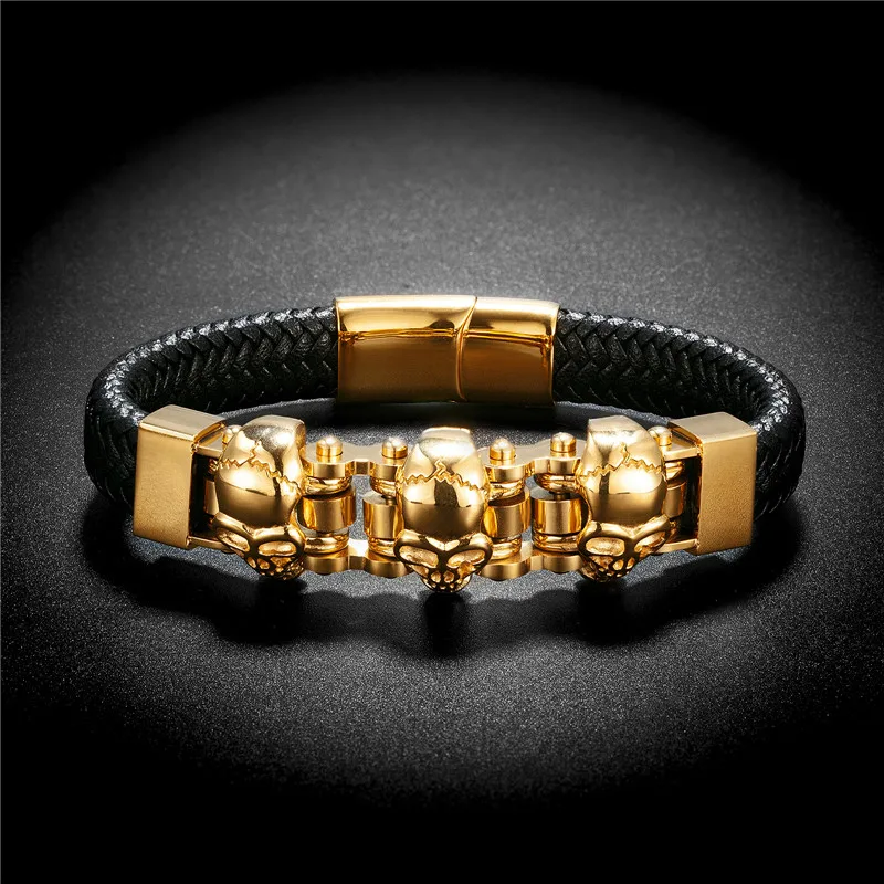 

Personality Stainless Steel Bracelets Punk Style Three Skull Head Ghost Bracelet Men Black Wide Leather Bracelet Male Jewelry