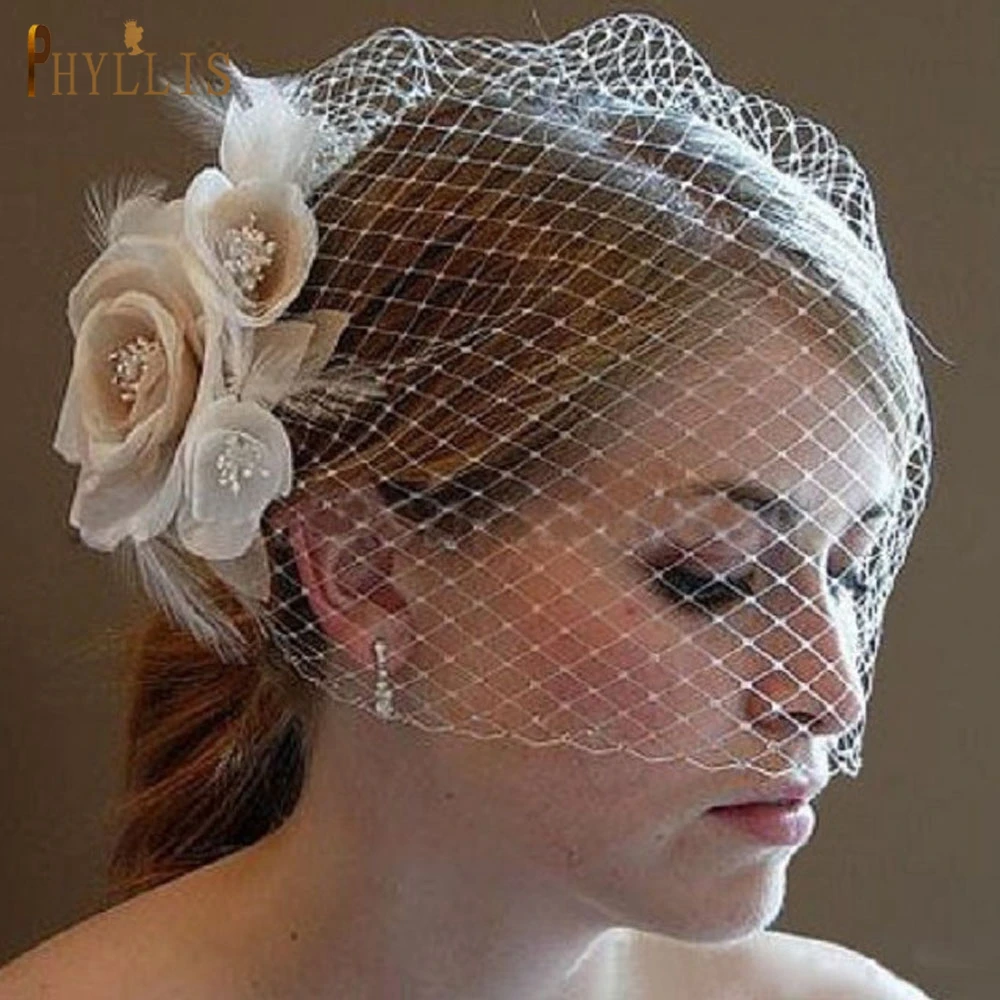 JM01 White Flower Feather Bridal Net Birdcage Veil Charming Wedding Veil Fascinators Hats Bride Wedding White Headpiece Headwear