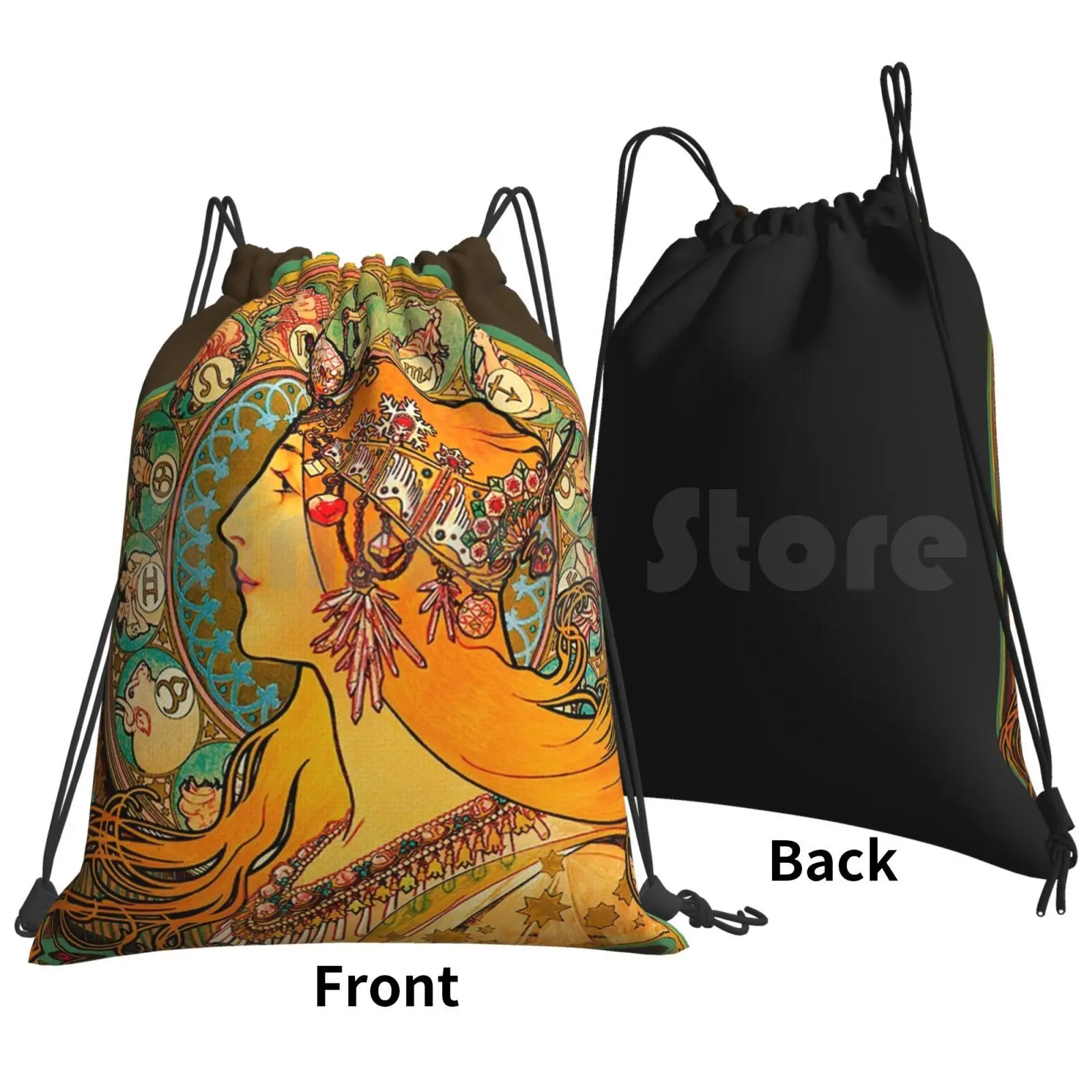 Hd Zodiac , ( 1896 )-Alphonse Mucha Backpack Drawstring Bag Riding Climbing Gym Bag Mucha Alphonse Mucha Zodiac Mucha Zodiac