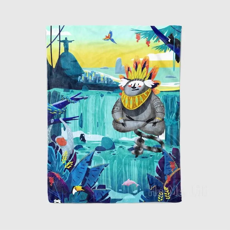 Marmoset Monkey Fleece Throw Rainforest Animals Studio Ghibli Art Miyazaki Jungle Whimsical Waterfall