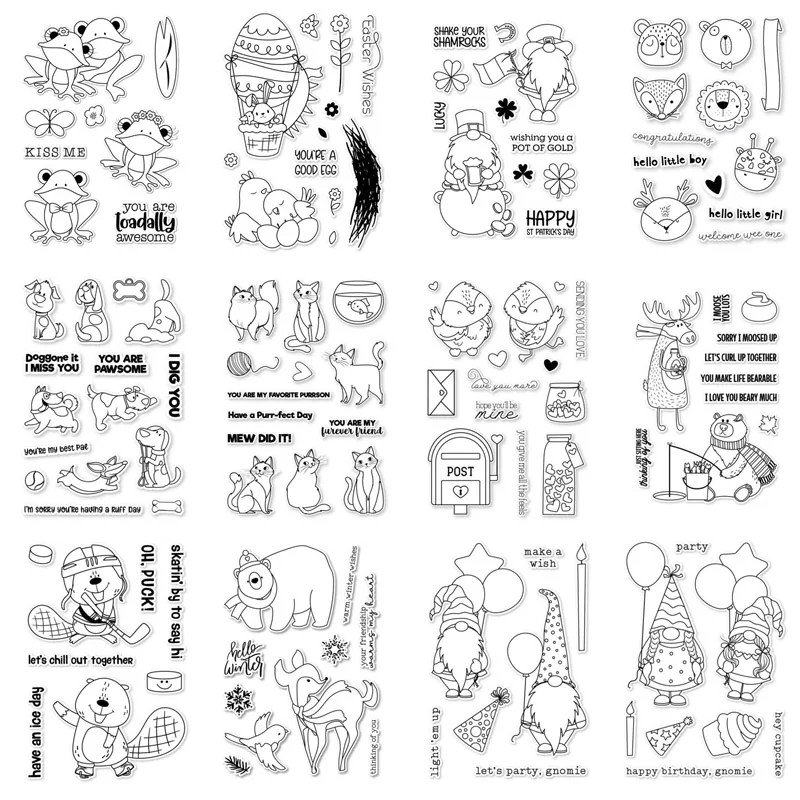 Shamrocks Hewan Mini Rusa & Beruang GNOME Katak Stempel Bening Stempel Karet Transparan untuk DIY Kartu Kerajinan Scrapbooking