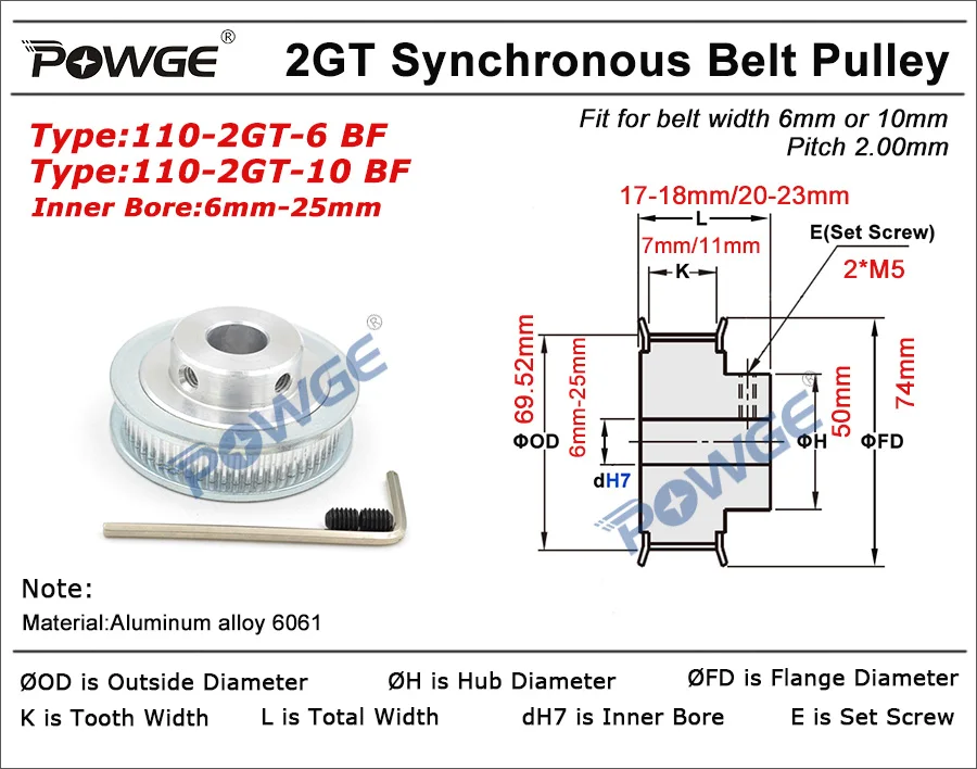 POWGE 110 Zähne 2GT Timing Pulley Bohrung 6/6. 35/8/10/12/14/15/16/19/20/22/ 25mm für GT2 Synchron gürtel breite 6/10mm 110 Zähne 110 T