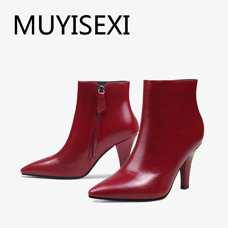 

Sexy fashion genuine leather side zip handmade all-match pointed toe 8cm high heels brand office lady dress boots HL301 MUYISEXI