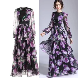 Luxury Designer High Quality Women’s Floral Print Chiffon Purple Maxi Long Sleeve Dress with Ruffles Runway Fashion 2024