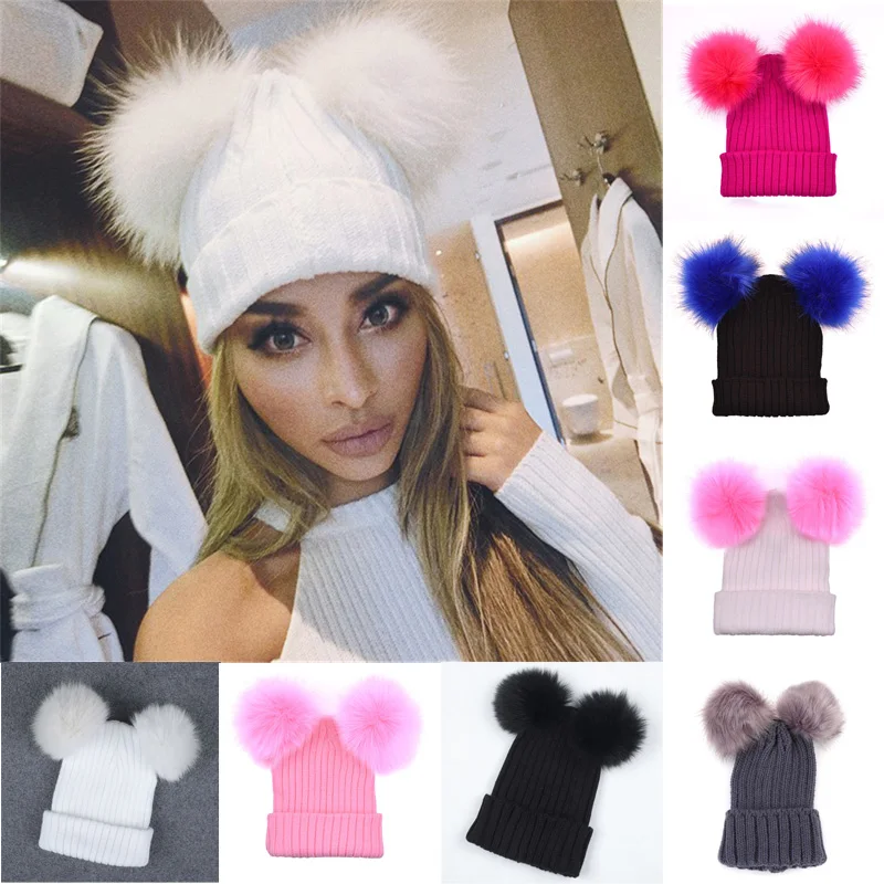 Fur Ball Cap 2 Pom Poms Winter Hat for Women Girl 's Wool Hat Knitted Cotton Beanies Cap Brand New Thick Female Cap