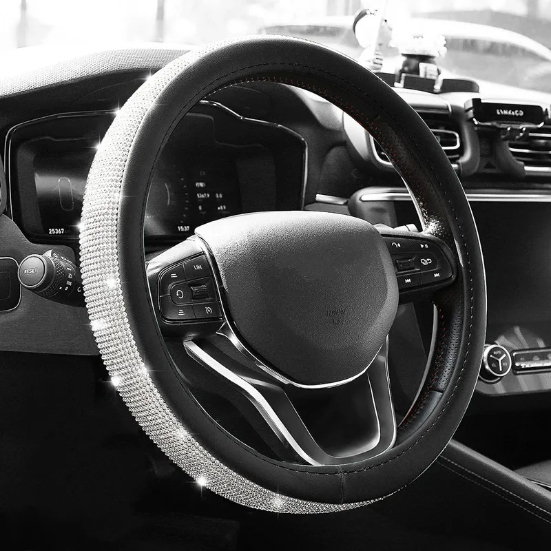 2022 Bling Bling diamentowe cyrkonie kryształowy pokrowiec na kierownicę do samochodu PU skórzane akcesoria samochodowe Case Car Styling