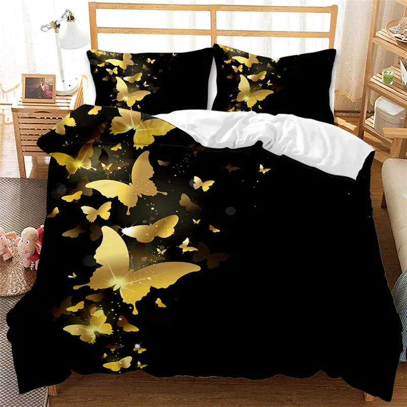 Golden Glowing Butterflies Bedding Sets 3D luxury Colorful Duvet Cover Bedding Set Flying Butterfly Bed linen Bedclothes