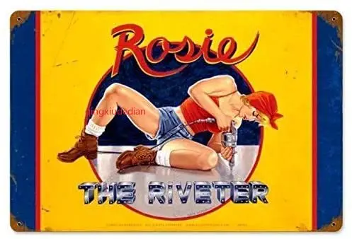 Maizeco Retro Rosie The Riveter - Pin-Up Girl Metal Tin Signs 8 x 12 Inch Wall Decor Sign Plaque Poster for Beer Man Cave Shop