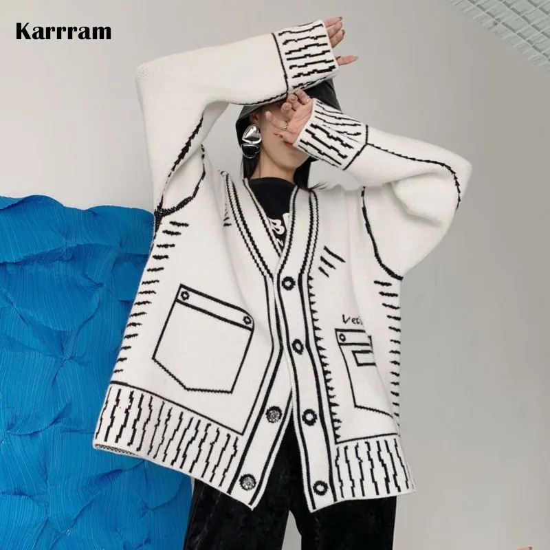 

Karrram Print Graffiti Unique Cardigan Women Loose V-neck Long Sleeve Luxury Knitted Female Cardigans Coat Y2k 2021 Winter