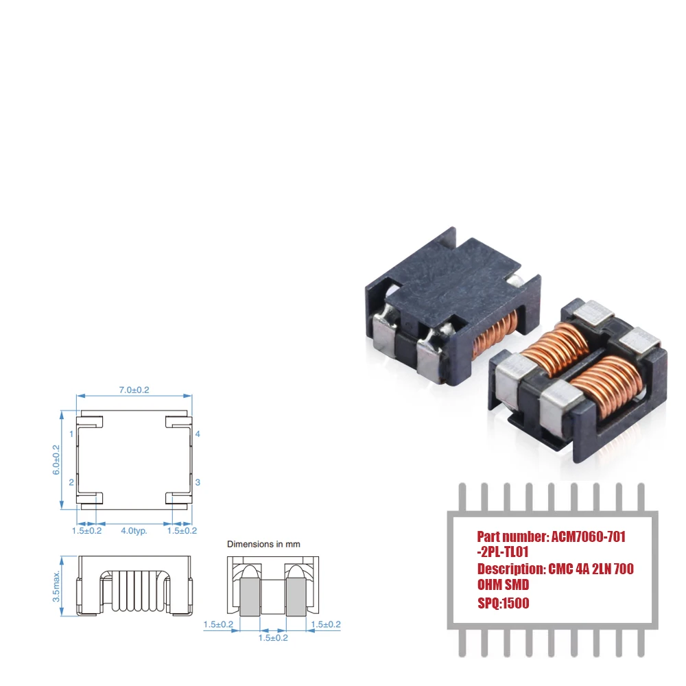 

My Group Asia 1500PCS ACM7060-701-2PL-TL01 2 Line Common Mode Choke Surface Mount 4A 700OHM SMD CMC Filters in Stock