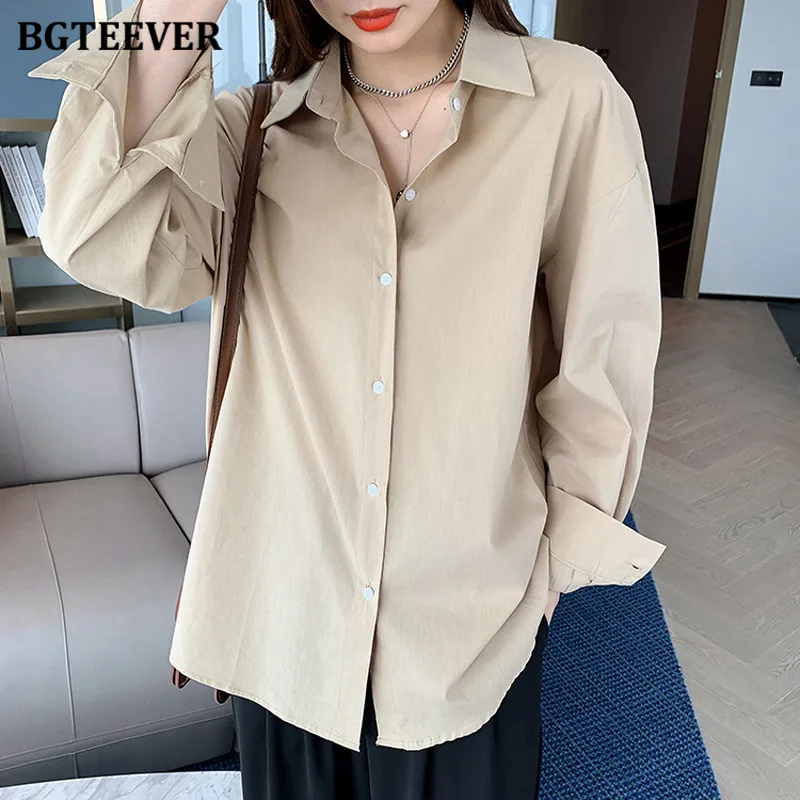 BGTEEVER Casual Single-breasted Loose Solid  Women Blouses Tops 2021 Autumn Winter Lapel Full Sleeve Ladies Shirts Elegant Blusa