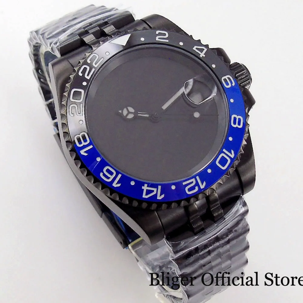 BLIGER NH35A PT5000 Black PVD 40mm Sterile Non-Index Automatic Men Watch Jubilee Band Black&Blue Insert 100M Waterproof