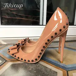 Tikicup Nude Bowknot Women Sexy Spikes Patent Stiletto Pumps Pointy Toe Slip On 8cm 10cm 12cm High Heel Shoes Plus Size 33-45