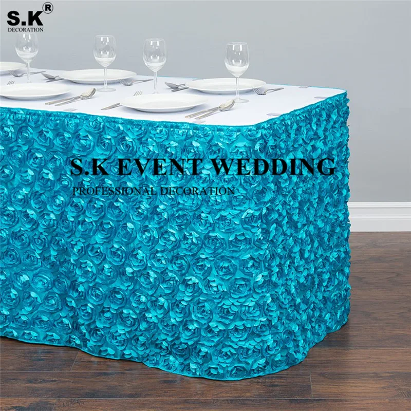 S.K Wedding Satin Rosette Table Skirt Rectangle Tablecloth Skirting For Wedding Banquet Event Christmas Decoration