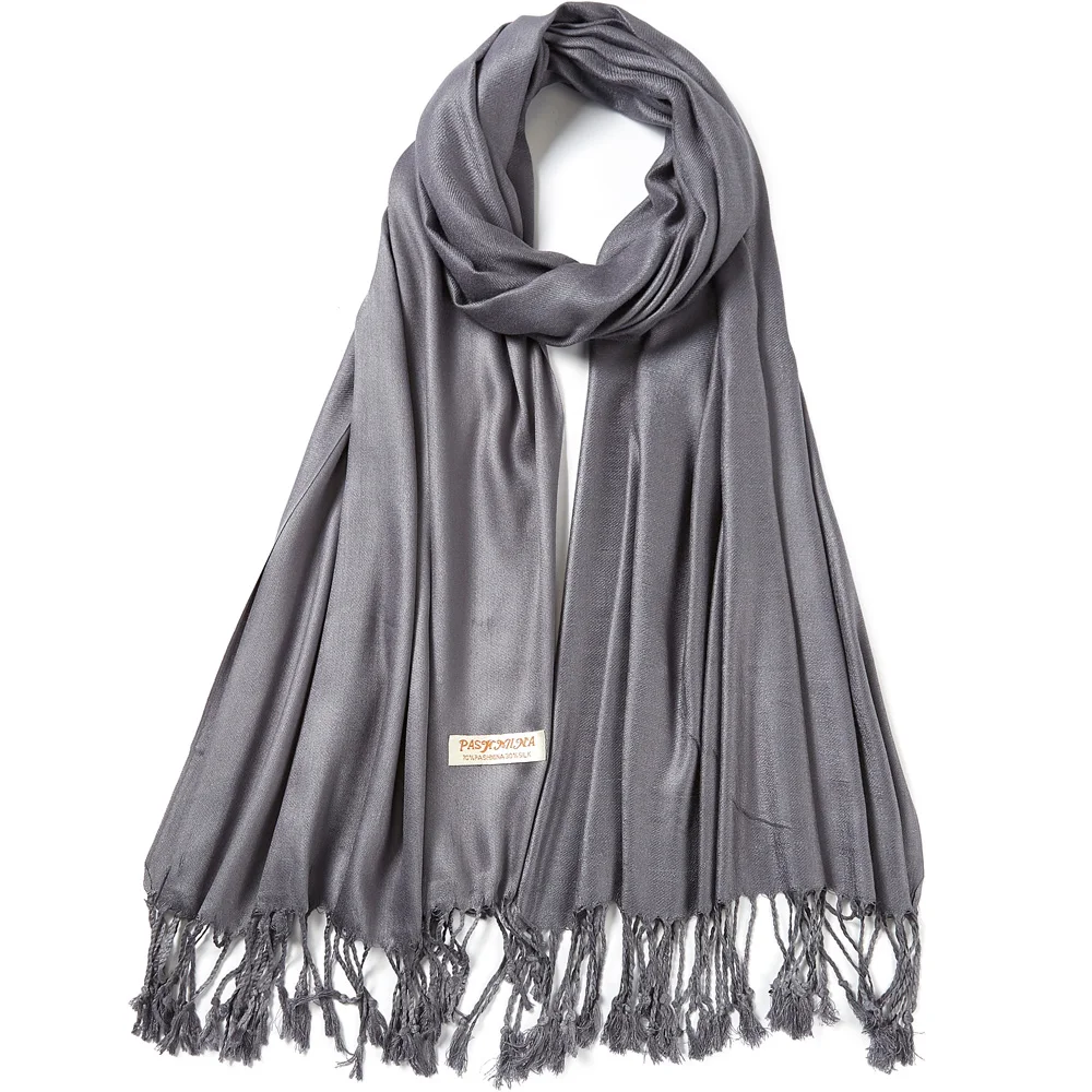 Plain Silk Pashmina Shawl Shine Scarf With Fringe For Women Evening Dress Every Day Winter Autumn Soft Large 70*200cm