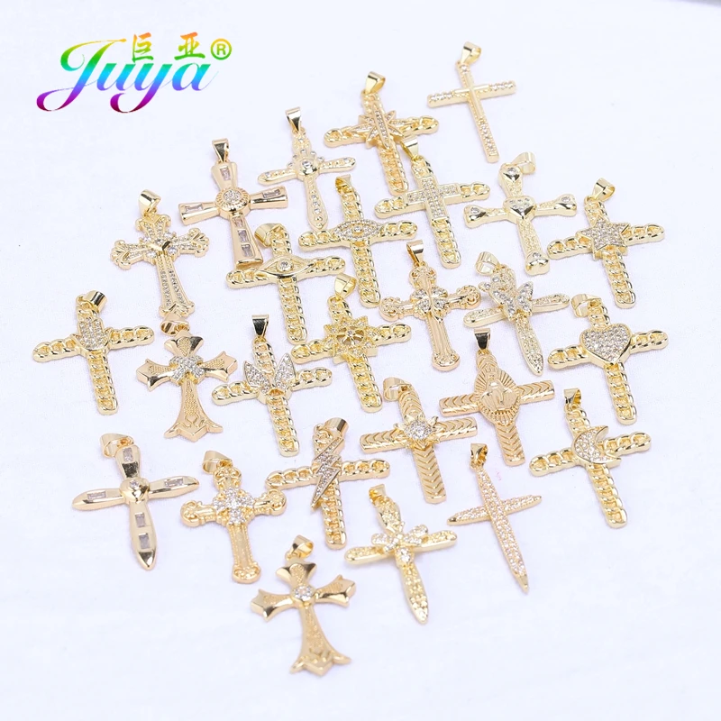 Juya DIY Religious Rosary Jewelry Making Handmade 18K Gold Plated Cz Saint Love Star Moon Fatima Christian Cross Charms Supplies