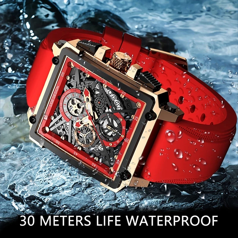 LIGE New Red Silicone Mens Watches Top Brand Luxury Watch Men Sport Chronograph Clock Fashion Automatic Date Wrist Watch Man+Box