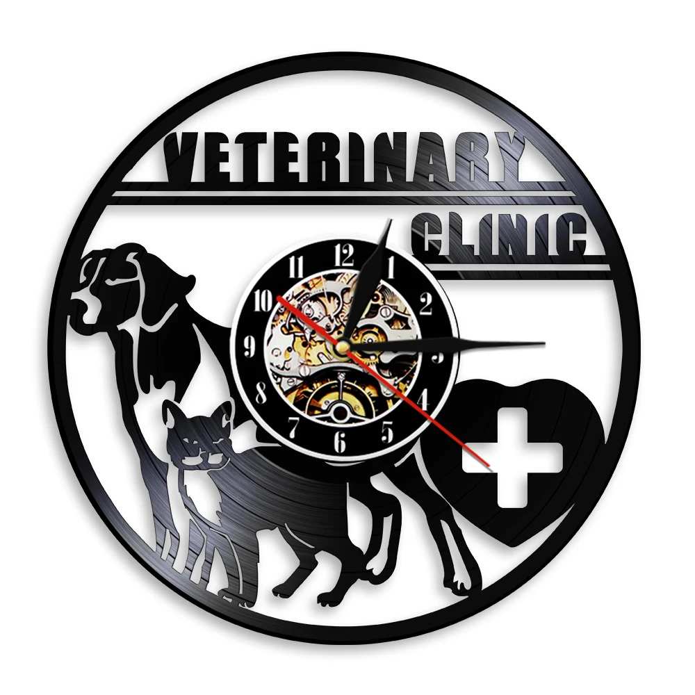 VETERINARY CLINIC Wall Clock Decor Dog Cat Animal Pet Round Modern Design 3D Handmade Art Decorative Time Watch