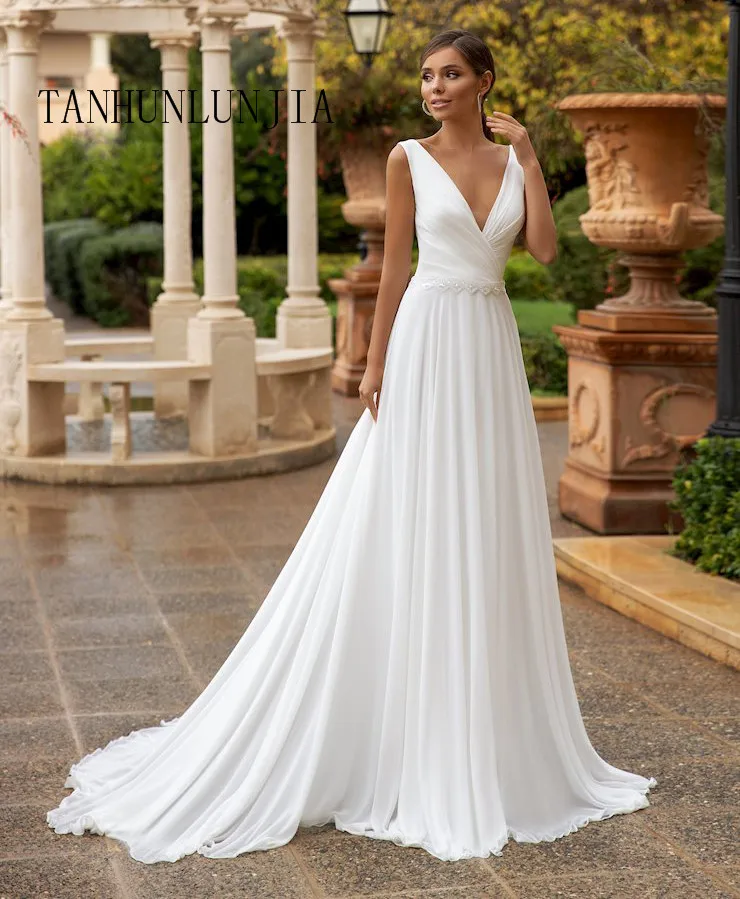 

V-neck Beach Wedding Dress Beaded Boho Chiffon Bride Dress Sweep Train Wedding Gown Customized