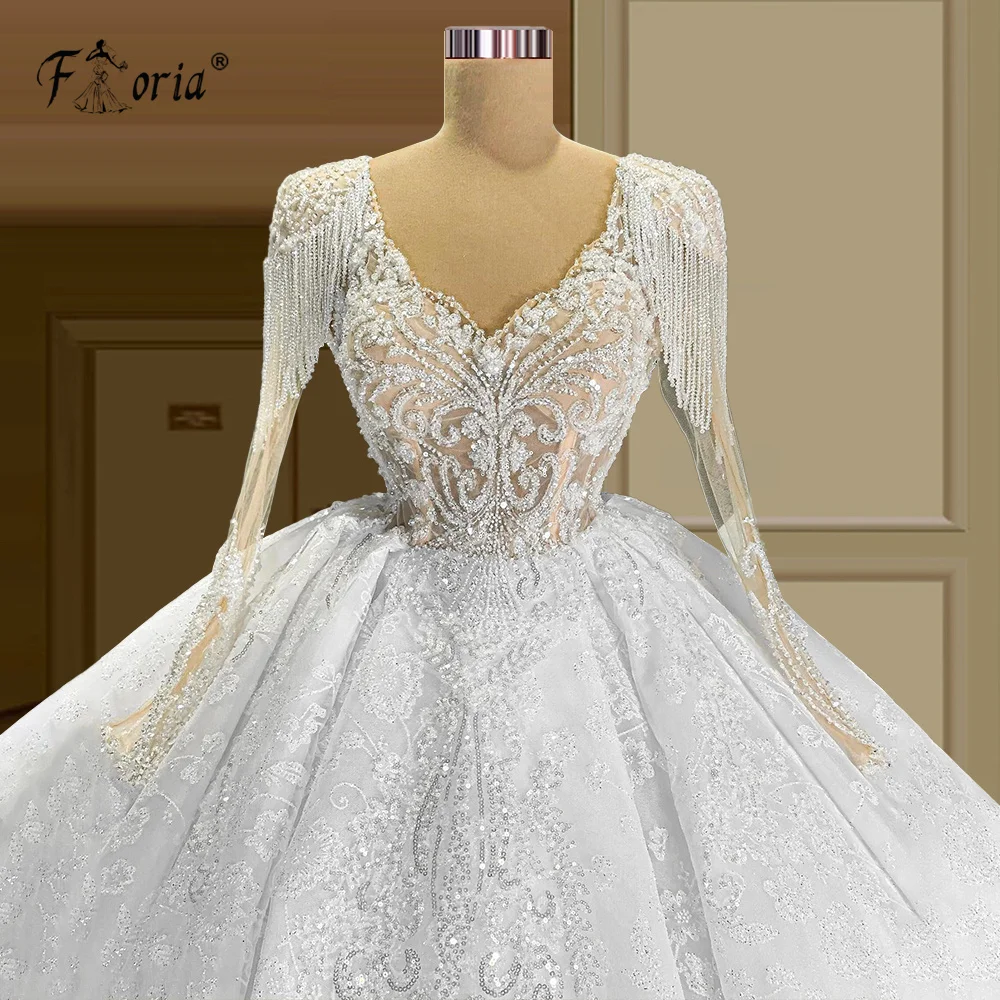 2022 New Arrivals V Neck Long Sleeve All Over Appliques Lace Super Gorgeous Shiny Ball Gown Wedding Dresses Custom Made