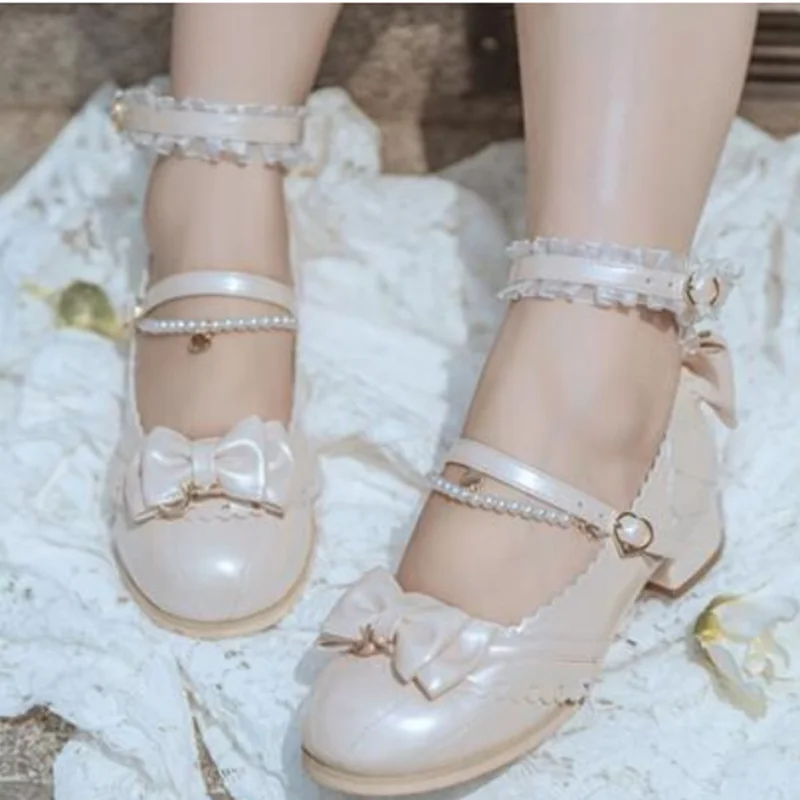 Japanese sweet lolita shoes vintage round head thick heel women shoes cute lace bowknot princess kawaii shoes loli cosplay