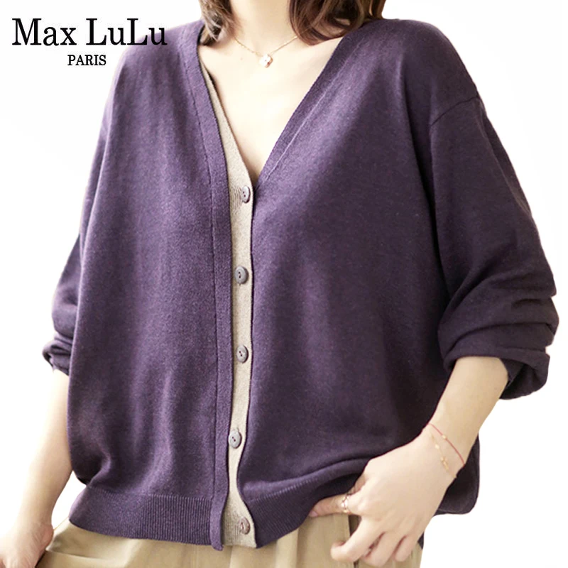 Max LuLu 2021 Purple V-Neck Cardigans Women Single Breasted Casual Loose Clothes New Autumn Sweaters Ladies Harajuku Cardigan