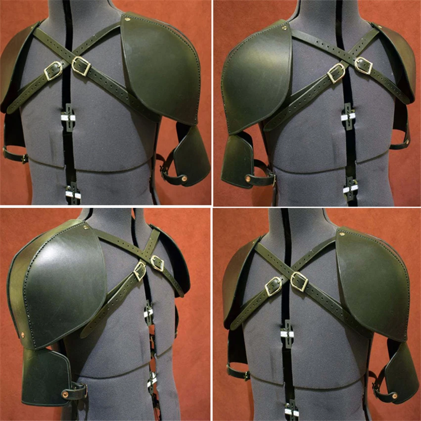 Medieval Vintage Cosplay Accessories for Men Shoulder Pads PU Leather Green Warrior Role Play Halloween Carnival Party Costumes