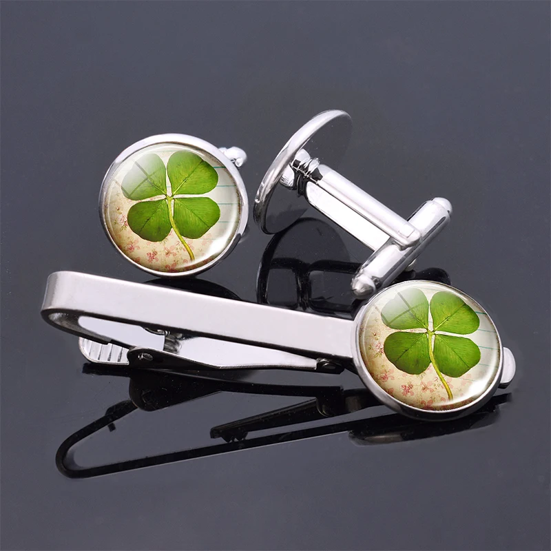 

Maxi Four-leaf Clover Statement Cufflinks Tie Clips for Men Shirt Tie Lucky Flower Jewelry Accessories Party Birthday Gifts