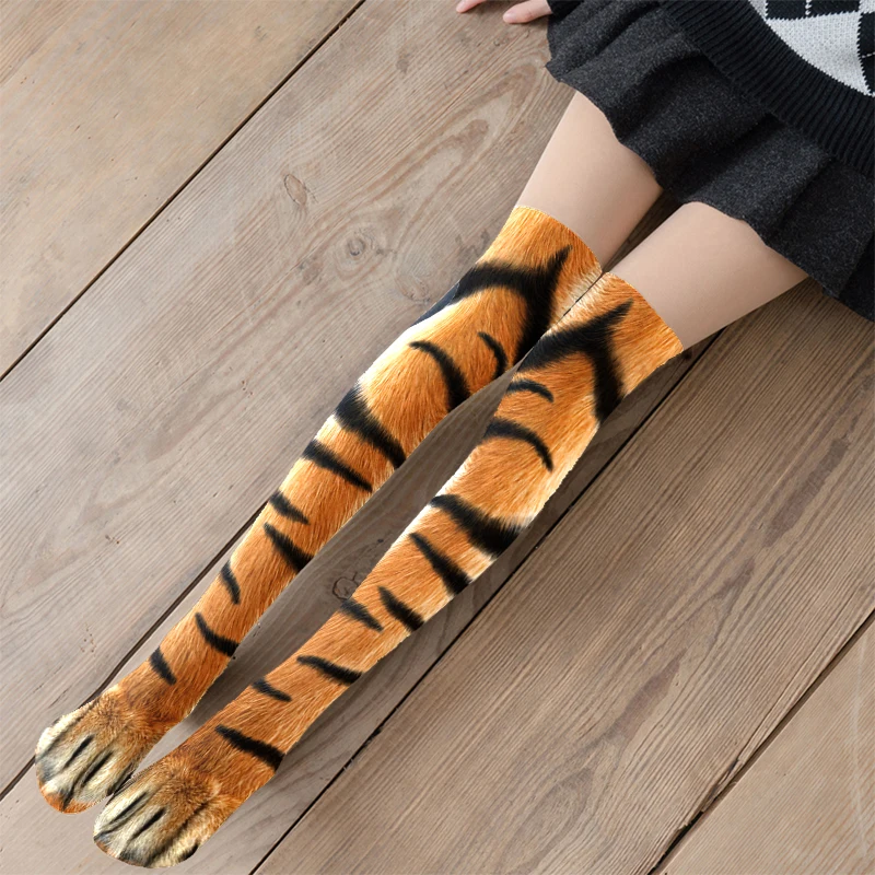 Calcetines por encima de la rodilla con estampado 3D de animales para mujer, medias de dibujos animados de gato, garra de Tigre, calcetines altos