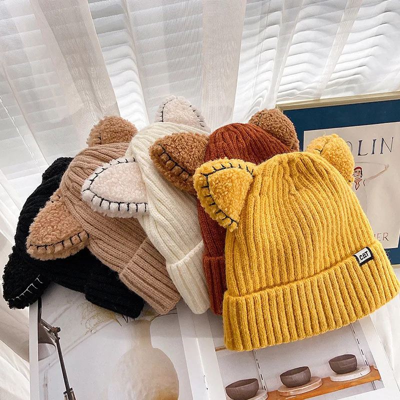 Cute Hat With Ears Warm Female Cap Knitted Winter Cat Skullies Hat Winter 2024 Woman Outdoor Beanies Hat Panama Lady Cap 019