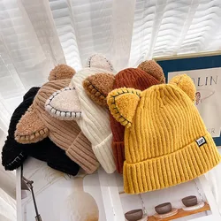 Cute Hat With Ears Warm Female Cap Knitted Winter Cat Skullies Hat Winter 2024 Woman Outdoor Beanies Hat Panama Lady Cap 019