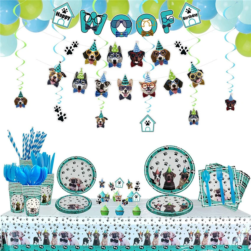 The New Pet Dog Theme Party Paper Cups Paper Plates Pull Flag Birthday Banquet Tableware Adornment Tablecloth Children's Day 358