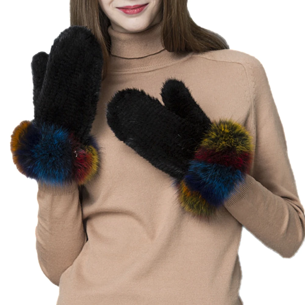 

Women Real Mink Fur Glove Real Fox Fur Cuffs Mitten Full Finger Winter Warm Gloves Outdoor Travel