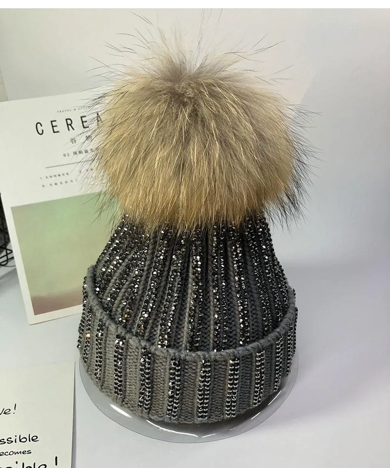 Fashion Winter Adult thick warm fur beanies caps Luxury women Rhinestone crystal skullcap Skullies Hats Gorros