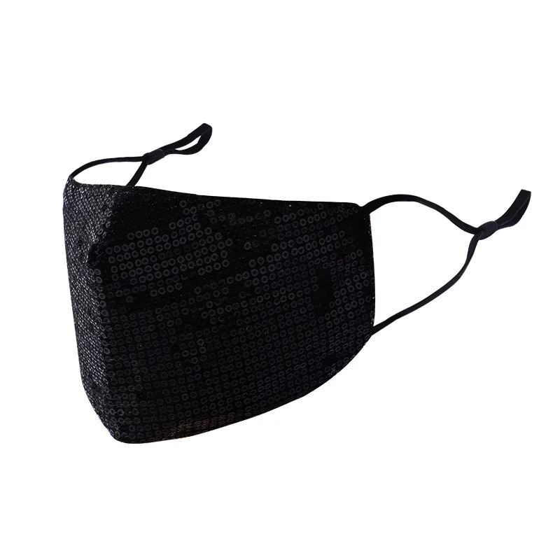 

2 PC Fashion Bling Sequined Personality Shiny Dust mask Three-layer Cotton Replaceable Filter Colorful Women Mask Black