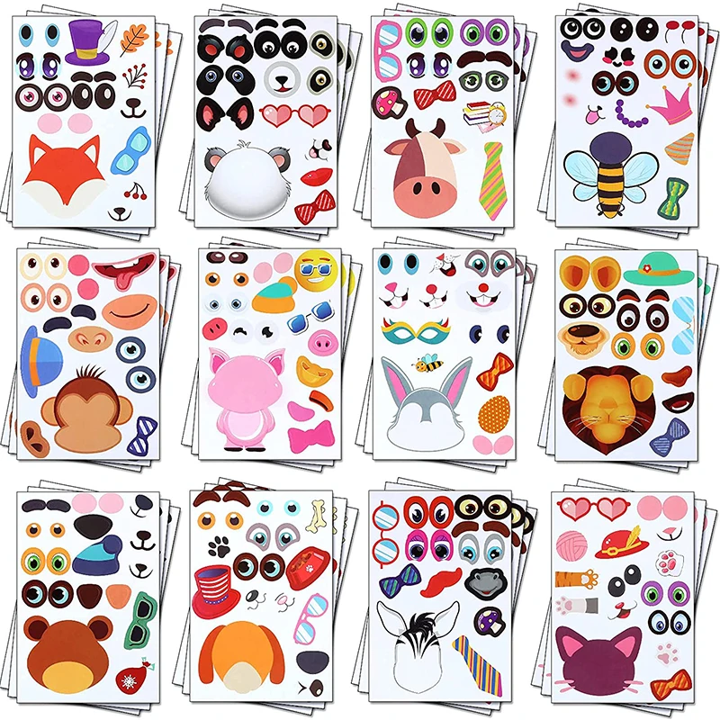 Children DIY Puzzle Sticker Games 12 Animals Face Funny Assemble Jigsaw Stickers Kids Educational Toys Boys Girls Gifts