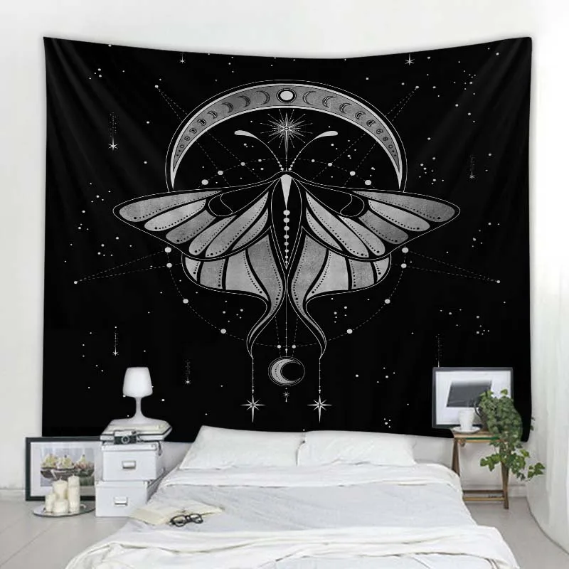 

Printed tapestry psychedelic plants butterfly moon starry sky wall hanging bohemian hippie witchcraft home room wall decoration