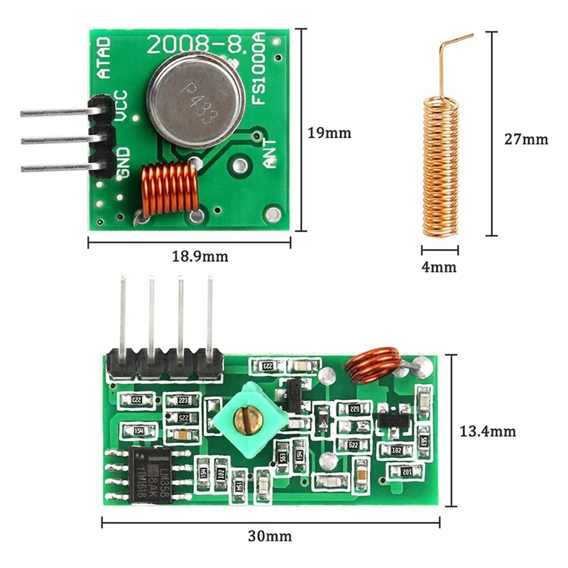 Set Of 3 433 Mhz Radio Transmitter And Receiver Module + 433 Mhz Antenna Helical Spiral Spring Remote Control