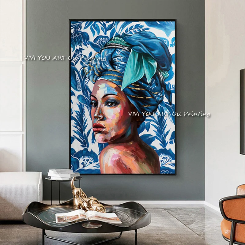 100% Hand Painted Oil Painting African Woman Portrait Impasto Canvas Wall Art For Living Room Hotel Decor
