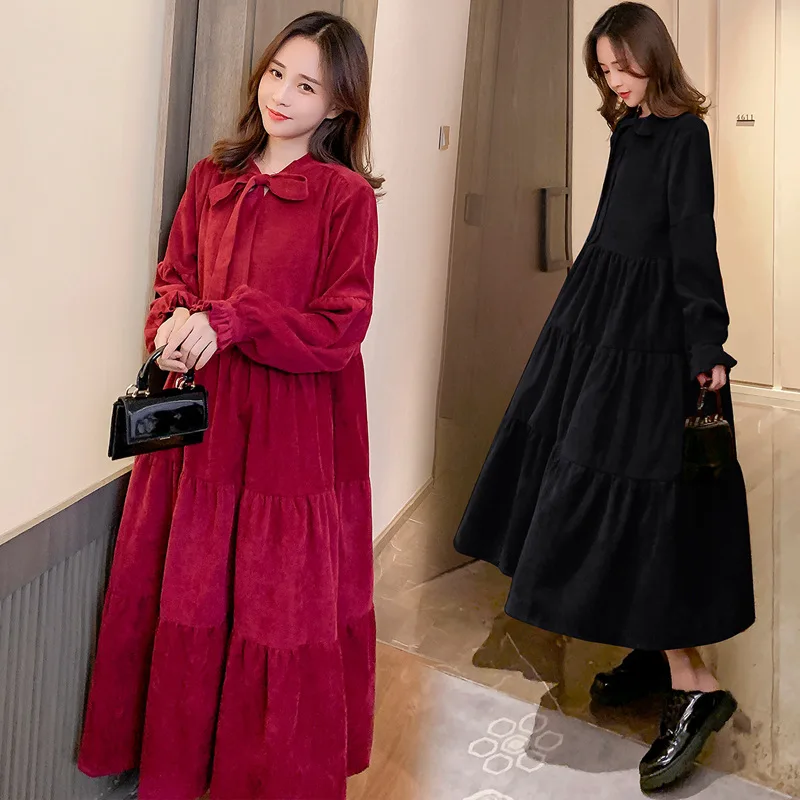 New Vintage Loose Casual Maternity Dresses Autumn Long Sleeve Pregnancy Clothes for Pregnant Women Corduroy Maternity Dress