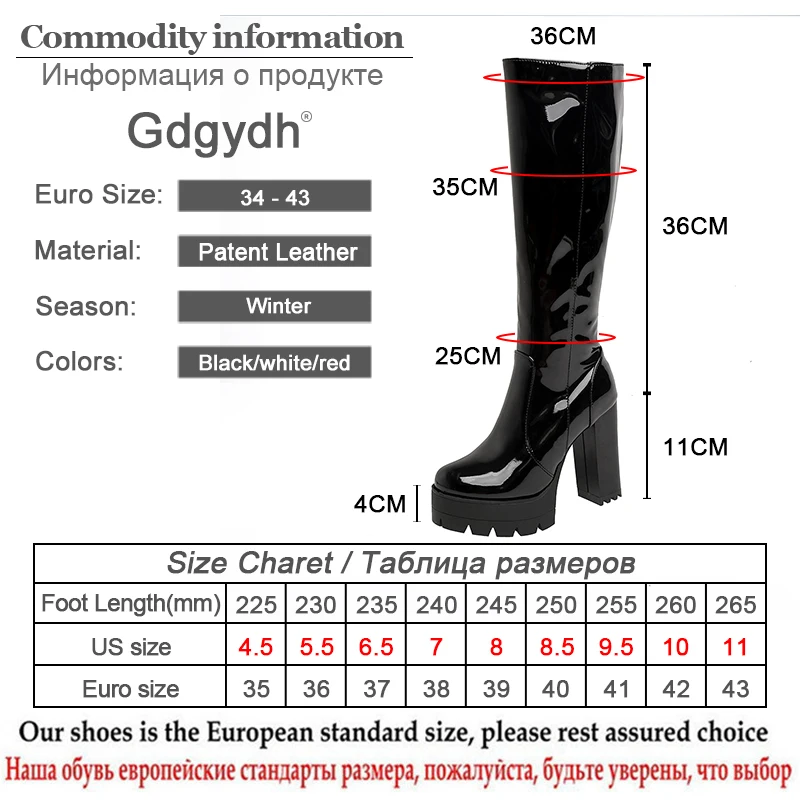 Gdgydh Patent Leather Platform Long Boots Gothic Black White Fashion Square Heel Knee High Boots Women With Zipper Good Quality