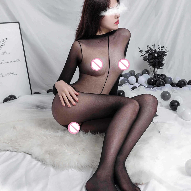 2021 Transparent Jumpsuit Women\'s Sexy Bodystockings Long Sleeve Nylon Underwear Open Crotch Pajamas Uniform Temptation Lingerie